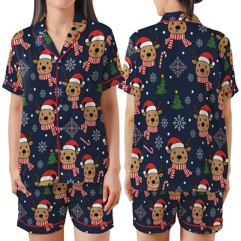 Family Holiday: Playful Reindeer & Snowflake Navy Pattern Long Sleeve Pajamas Satin Short-Sleeve Pajamas Set - 1