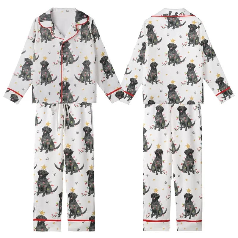 Black Lab Christmas Pajamas: Hand-Drawn Watercolor Dog & Gold Star Lights - Relaxed Jersey Knit Kid Satin Pajamas Set - 1