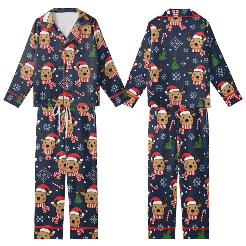 Family Holiday: Playful Reindeer & Snowflake Navy Pattern Long Sleeve Pajamas Kid Satin Pajamas Set - 1