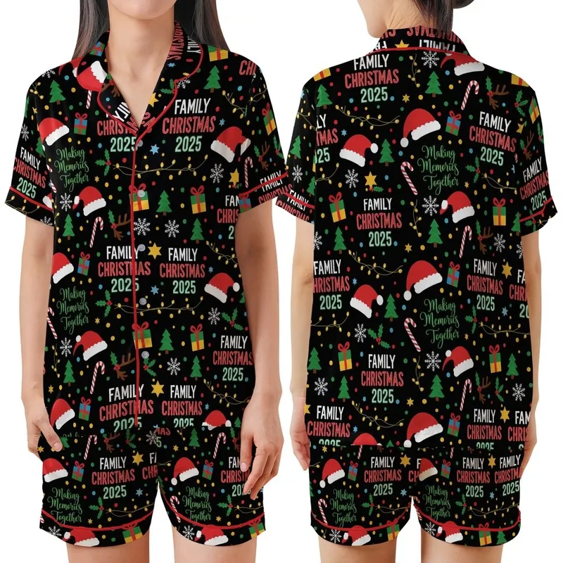 Family Christmas 2025 Celebration: Cheerful 'Making Memories' Seamless Pattern Design Satin Short-Sleeve Pajamas Set - 1