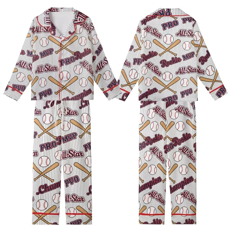 Diamond League Retro Pattern: Pinstripe Baseball & Champion Script Print Kid Satin Pajamas Set - 1