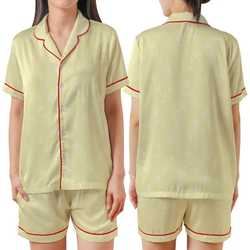 Women's Muslin Cotton Pajamas: Delicate Pale Yellow Wildflower Botanical Print - Breathable Sleepwear Satin Short-Sleeve Pajamas Set - VXPD5_V_V4