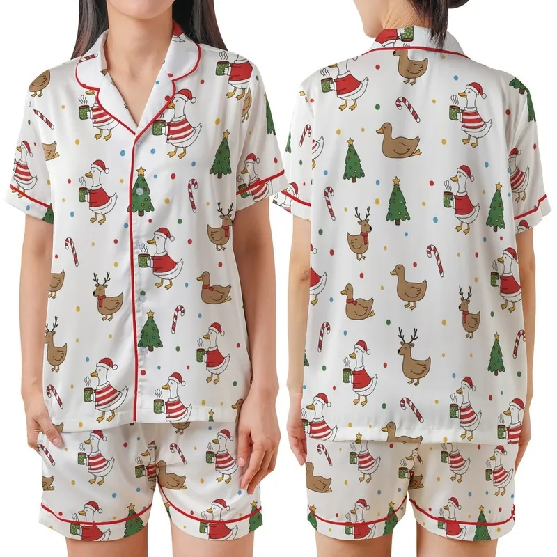 Funny Goose & Duck Christmas Pajamas: Whimsical Holiday Reindeer & Tree Print Sleep Set Satin Short-Sleeve Pajamas Set - 1