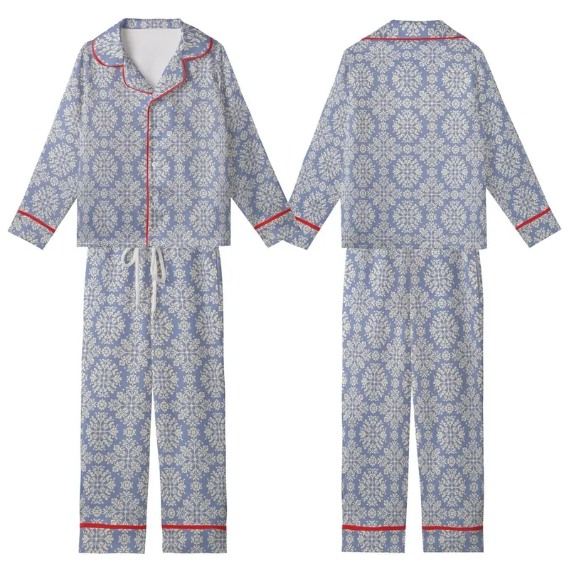 Women's Hand-Printed Periwinkle Botanical Block Print Organic Cotton Sleep Set Kid Satin Pajamas Set - 1