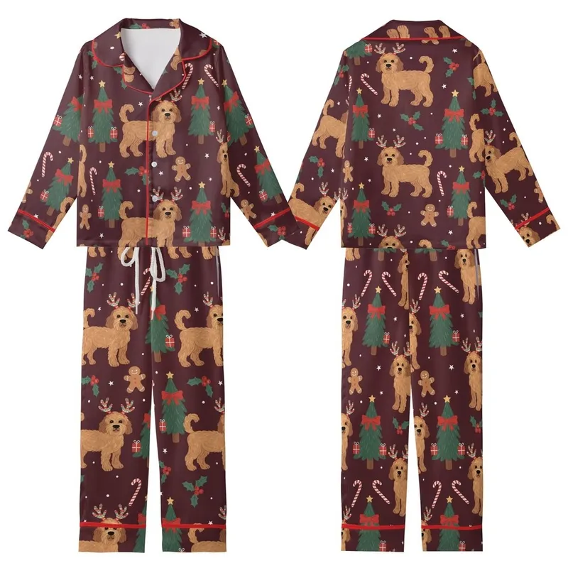 Golden Doodle Christmas Design: Whimsical Reindeer Dogs, Trees & Candy Cane Pattern Kid Satin Pajamas Set - 1