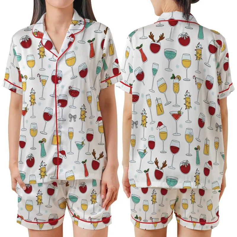 Family Red Wine Christmas Pajamas: Whimsical Glass & Reindeer Lights Pattern - Soft Poly-Spandex Set Satin Short-Sleeve Pajamas Set - 1