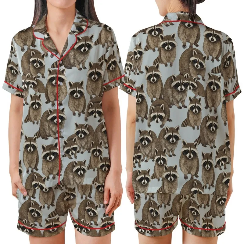 Raccoon Enthusiast's Photorealistic Woodland Repeat Pattern - Pale Grey Wildlife Design Satin Short-Sleeve Pajamas Set - 1