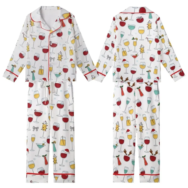 Family Red Wine Christmas Pajamas: Whimsical Glass & Reindeer Lights Pattern - Soft Poly-Spandex Set Kid Satin Pajamas Set - 1