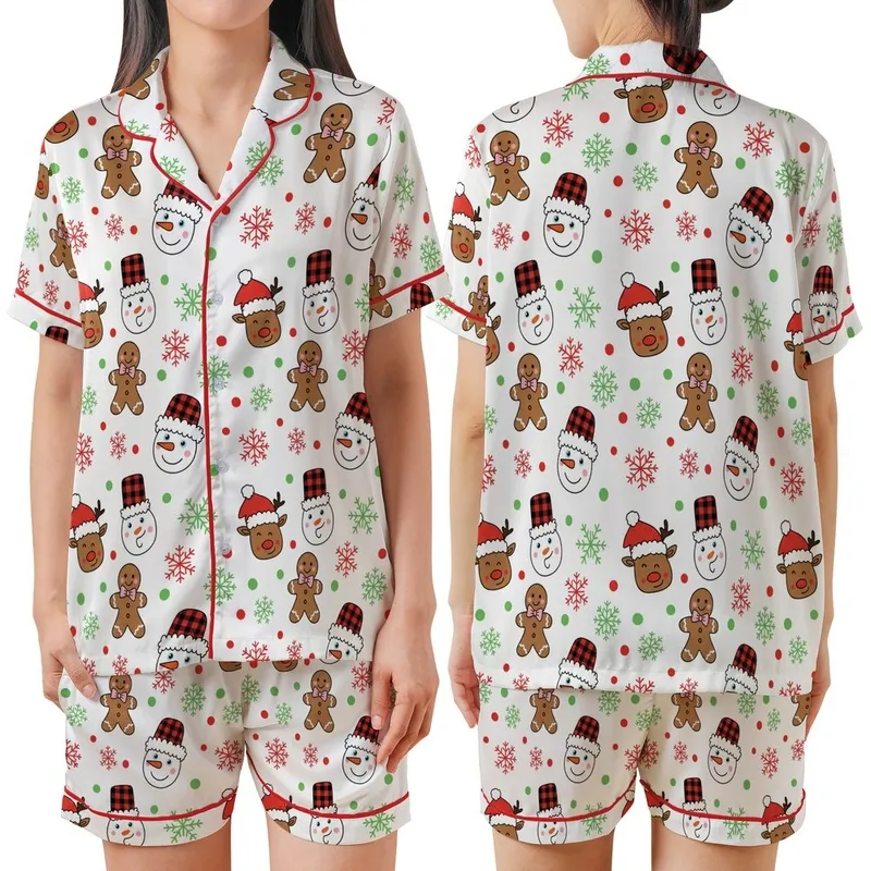 Christmas Pajamas: Hand-Drawn Gingerbread Snowman Reindeer Print - Red Green Holiday Sleep Set Satin Short-Sleeve Pajamas Set - 1