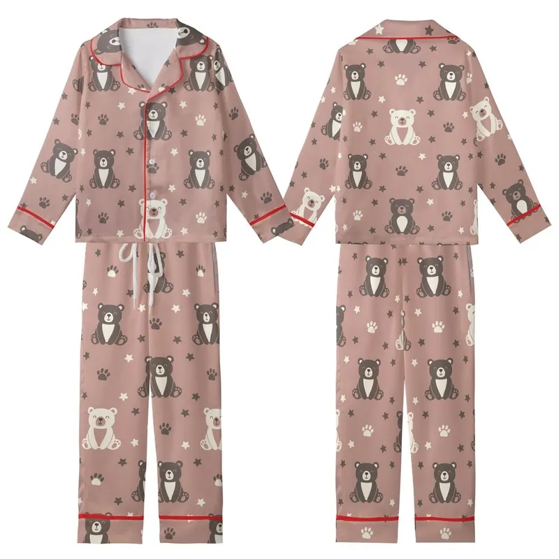 Cozy Bear Lover: Dusty Rose Taupe Whimsical Cartoon Bear Paw Print Comfort Wear Kid Satin Pajamas Set - 1