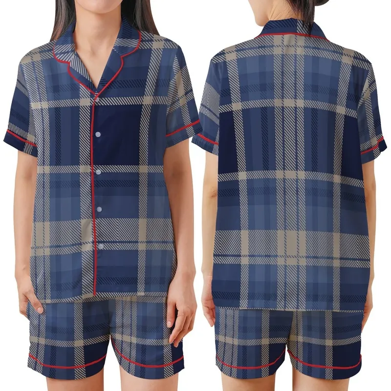 Men's Classic Navy Slate Plaid DIY Loungewear Project - Tartan Sleepwear Template Satin Short-Sleeve Pajamas Set - 1