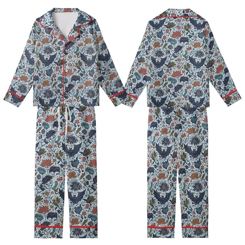 Seamless Batik Artwork: Stylized Bat Lotus Vine Repeat Pattern - Muted Indigo Design Kid Satin Pajamas Set - 1