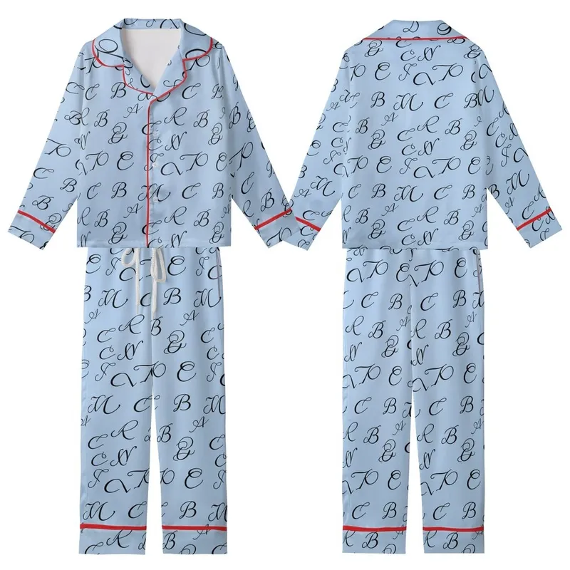 Elegant Monogram Style: Sky Blue Hand-Drawn Initial Pattern - Seamless Print Design Kid Satin Pajamas Set - 1