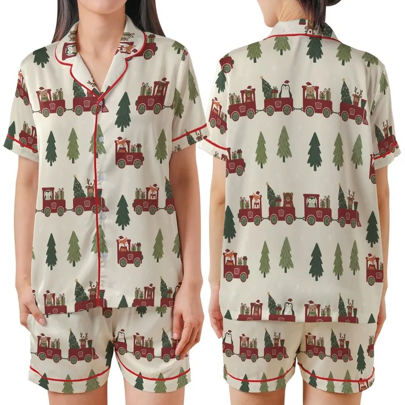 Family Christmas Train Pattern: Crimson Woodland Animals & Presents – Rustic Holiday Art Satin Short-Sleeve Pajamas Set - 1