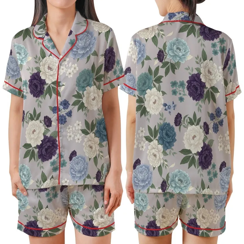 Bridesmaid Women's  Painterly Peony Floral Rayon Cotton Long Sleeve Long Pants Sleepwear Kid Satin Pajamas Set - 1