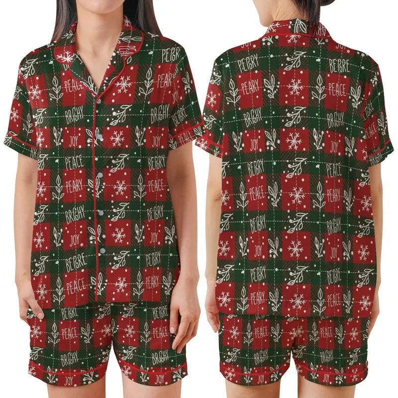 Festive Winter Charm: Seamless Red Green Plaid, Hand-Drawn Snowflakes, Berries & Joyful Text Pattern Satin Short-Sleeve Pajamas Set - 1