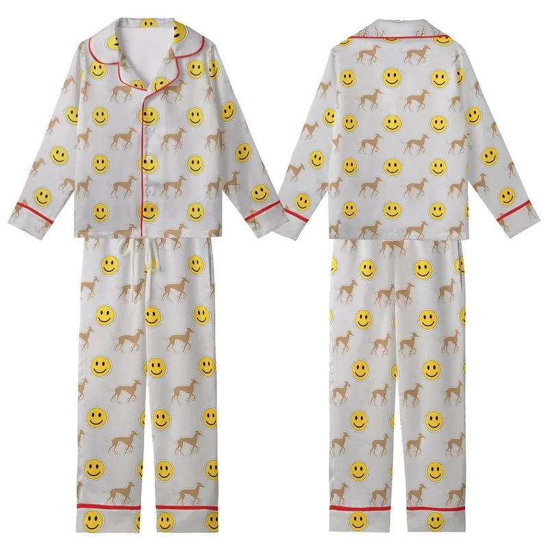 Italian Greyhound Dog: Minimalist Fawn-Tan & Smiley Pattern - Warm Meury Mesh Sleep Jumpsuit Kid Satin Pajamas Set - 1