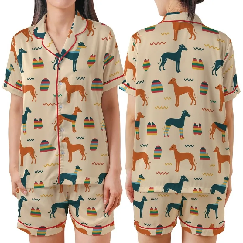 Italian Greyhound Lovers' Stylized Rainbow Striped Dog Seamless Pattern in Burnt Orange & Warm Beige Satin Short-Sleeve Pajamas Set - 1