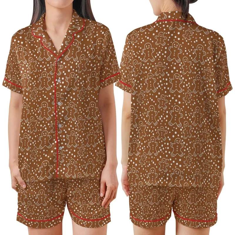 Cheerful Gingerbread Pattern Print: Whimsical Cookie Figures & White Dots Design Satin Short-Sleeve Pajamas Set - 1