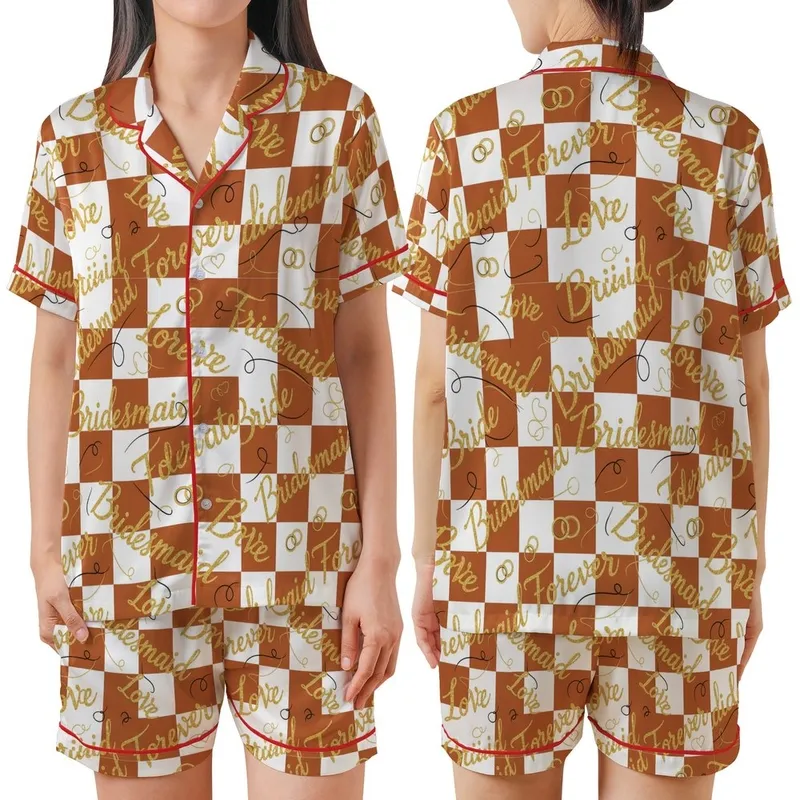 Bride Bridesmaid Personalized Satin Pajamas: Gold Script Rust Orange White Sleep Set Satin Short-Sleeve Pajamas Set - 1