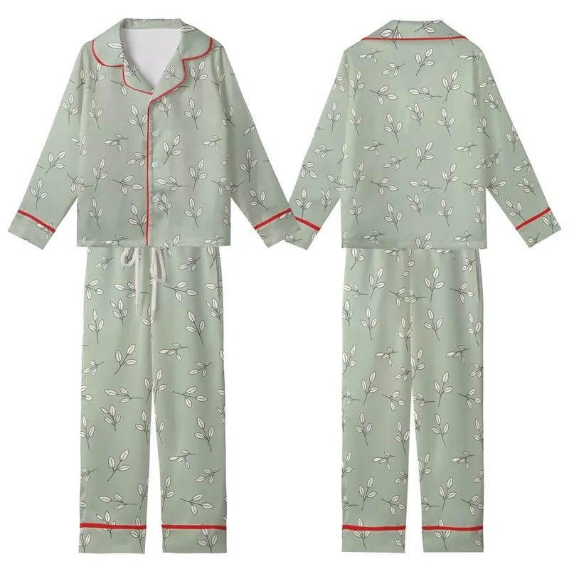 Women's Elegant Minimalist Botanical Sprigs Muted Sage Green Off-White Pattern Kid Satin Pajamas Set - 1