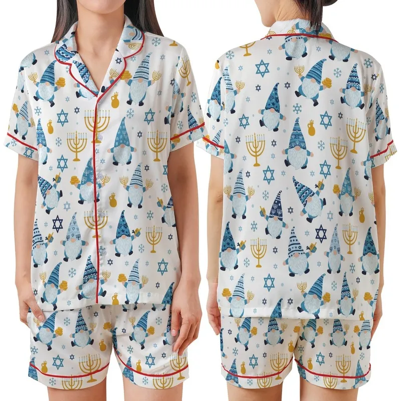 Hanukkah Celebrators' Whimsical Gnomes, Dreidels & Menorahs All-Over Print in Blue, Gold & White Satin Short-Sleeve Pajamas Set - 1