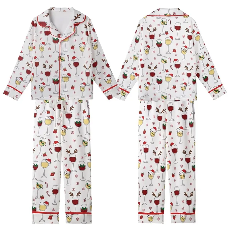 Holiday Wine Lovers Red & White Whimsical Christmas Wine Glass Pattern Adorned with Santa Hats, Holly, Candy Canes & Gifts Kid Satin Pajamas Set - MLDQBFMQYS