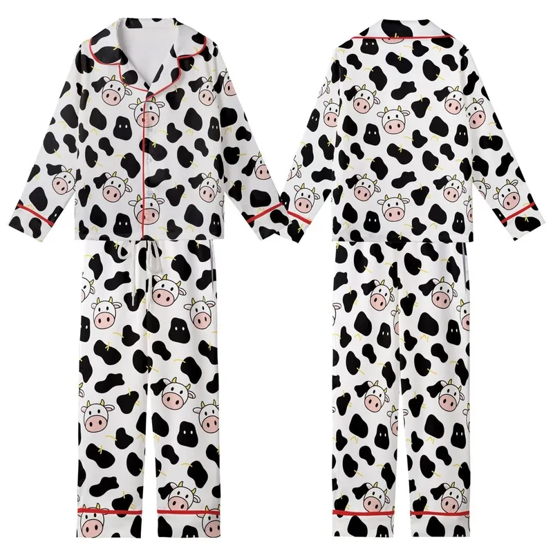 Playful Style Enthusiasts' Cheerful Minimalist Cow Spot Pattern with Pink Muzzles & Yellow Horns Kid Satin Pajamas Set - 1