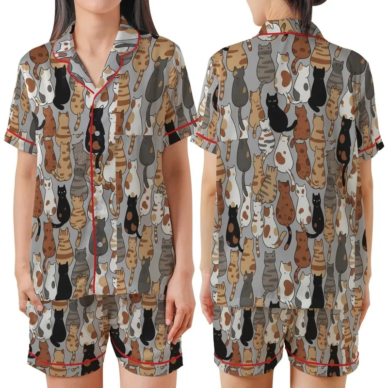 Cat Lovers' Whimsical Hand-Drawn Back View Cats Beige Tan Brown Black White Grey Scattered Pattern Satin Short-Sleeve Pajamas Set - 1