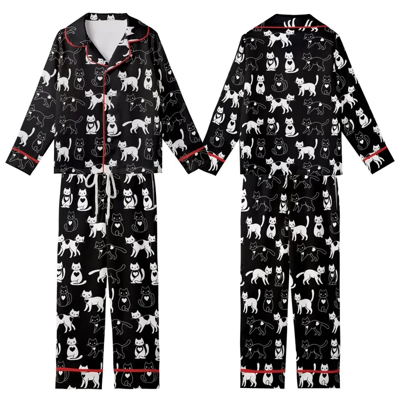 Cat Lovers' Monochrome Playful Cats Yin-Yang Heart Design Minimalist Graphic Art Kid Satin Pajamas Set - 1