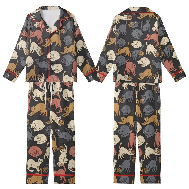 Cat Lovers' Whimsical Flat Art Cats Pattern in Muted Greys Cream Rose Terracotta on Dark Charcoal Kid Satin Pajamas Set - 1