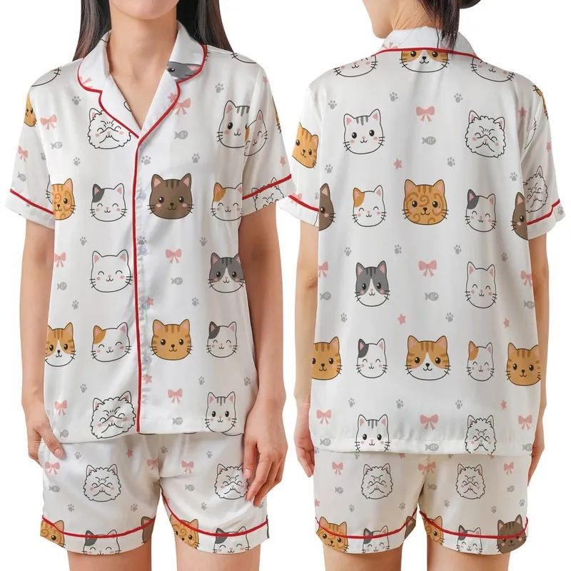 Cat Lovers' Whimsical Cartoon Cat Faces, Minimalist Feline Art, Pink Bows & Paw Prints Pattern on White Satin Short-Sleeve Pajamas Set - 1