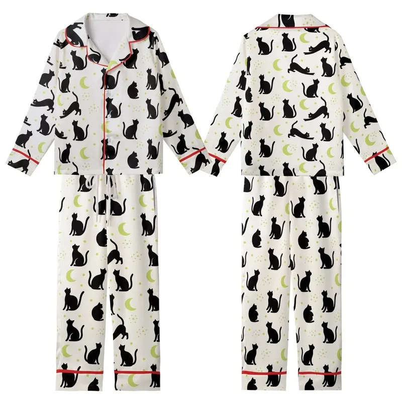Cat Lovers' Minimalist Black Cat Silhouette Playful Poses Off-White Pale Lime Green Moon Star Pattern Kid Satin Pajamas Set - 1