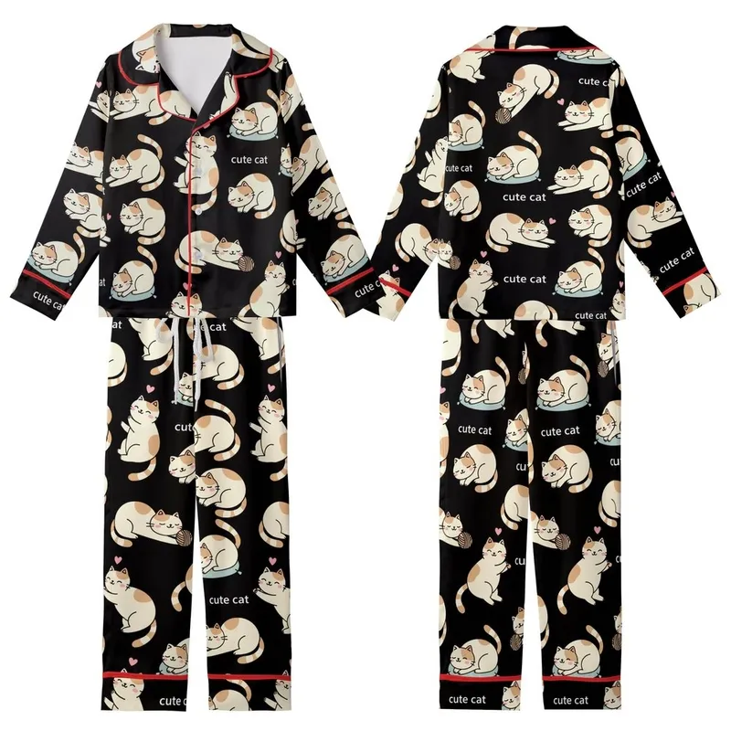 Cat Lovers' Seamless Black Kawaii Flat 2D Cartoon Cats Playful Sleepy Tan Brown White Pink Outline Pattern Kid Satin Pajamas Set - 1