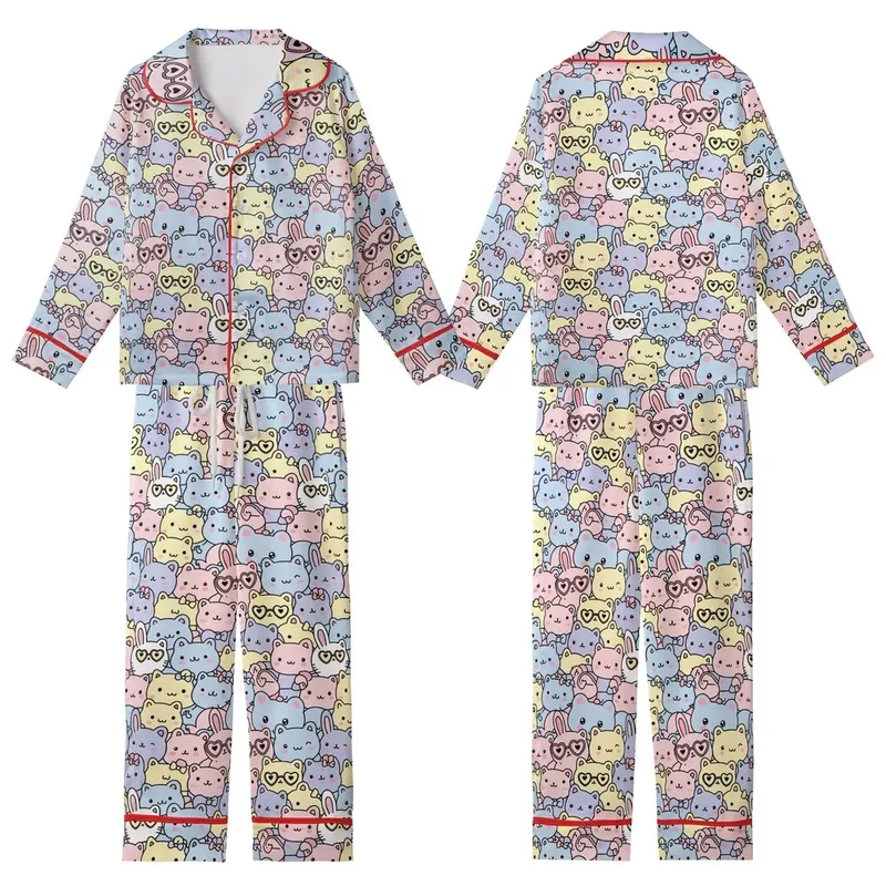 Kids' Sweet Pastel Pink Blue Yellow Lavender All-Over Cartoon Cats Bears Bunnies Pattern with Heart Glasses Bows Kid Satin Pajamas Set - 1