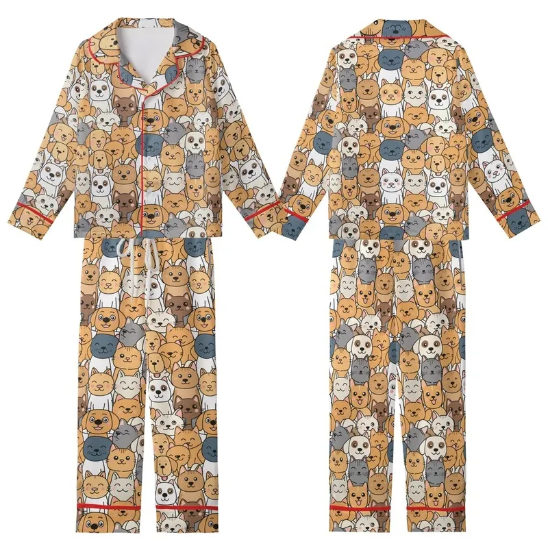 Pet Lovers' Whimsical White Orange Tan Brown Slate Blue Cartoon Cat Dog Seamless Pattern Kid Satin Pajamas Set - 1