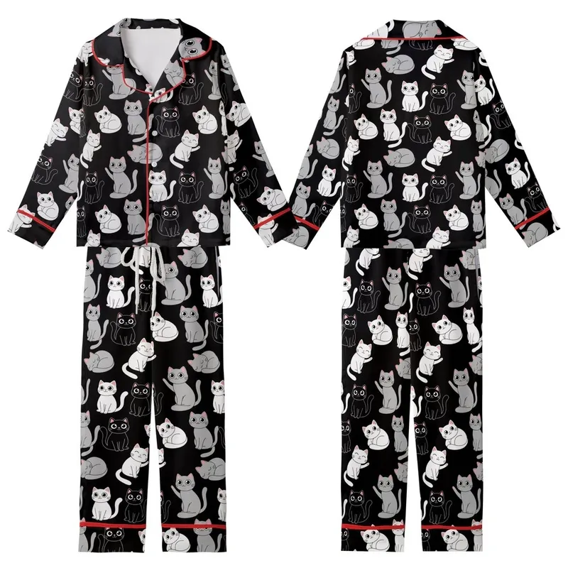 Cat Lovers' Cute Stylized Black White Grey Pastel Pink All-Over Cartoon Cat Pattern Kid Satin Pajamas Set - 1