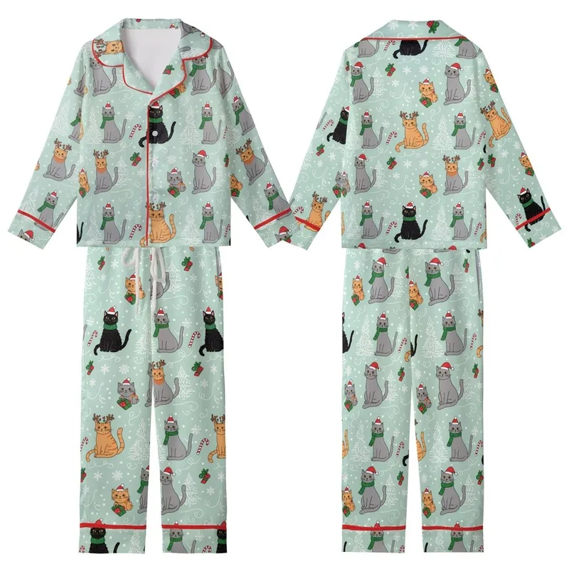 Festive Cat Lovers' Whimsical Mint Green Christmas Cats Pattern with Red Santa Hats & Holly Kid Satin Pajamas Set - 1