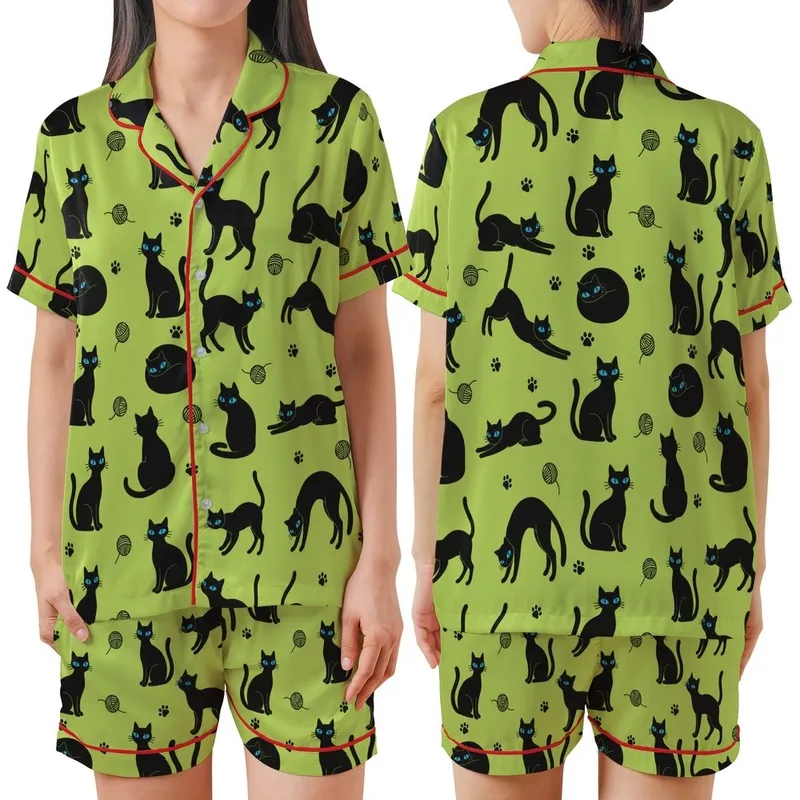 Cat Lovers' Whimsical Lime Green Black Cat Silhouettes Blue-Eyed Heads Pattern Satin Short-Sleeve Pajamas Set - 1