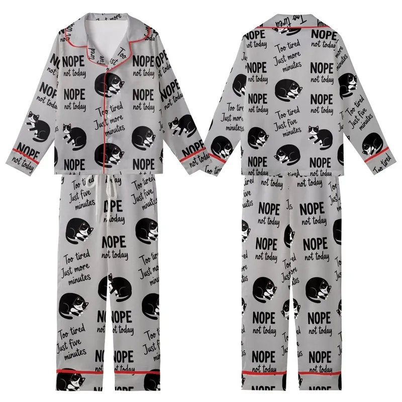 Cat Lovers' Heather Gray Black White Cartoon Tuxedo Cat Sleepy Pose Flat Graphic Seamless Pattern with Humorous 'NOPE Not Today' Text Kid Satin Pajamas Set - 1