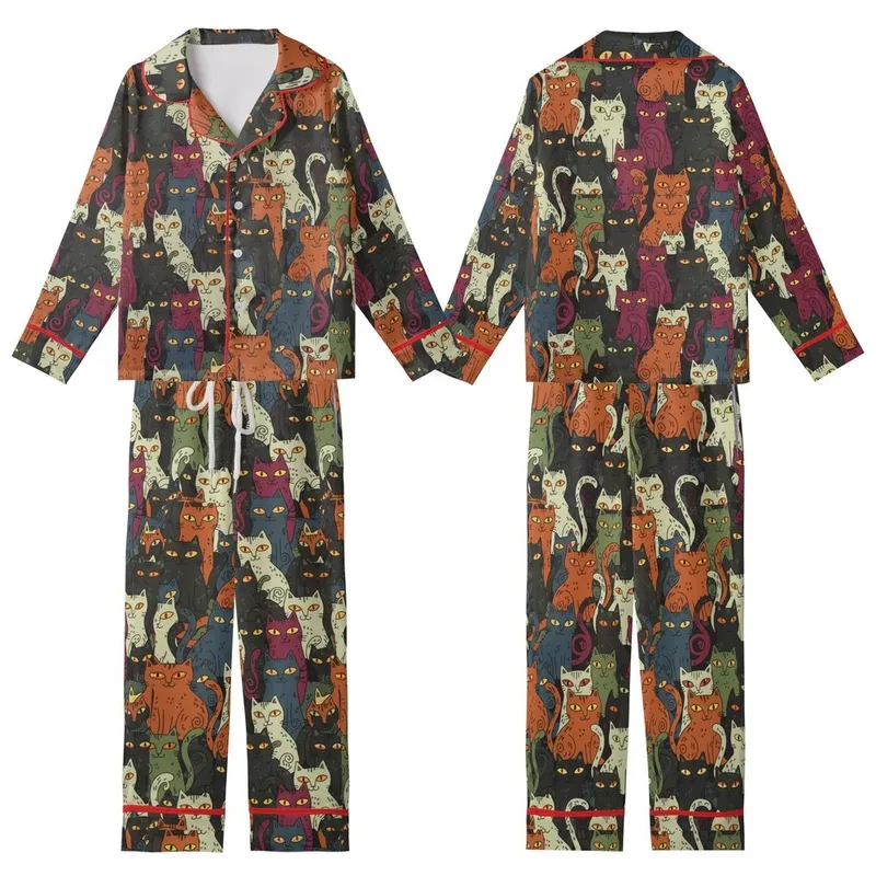 Cat Lovers' Whimsical Hand-Drawn Folk Art Charcoal Black Rust Sage Cream Feline Pattern Kid Satin Pajamas Set - 1
