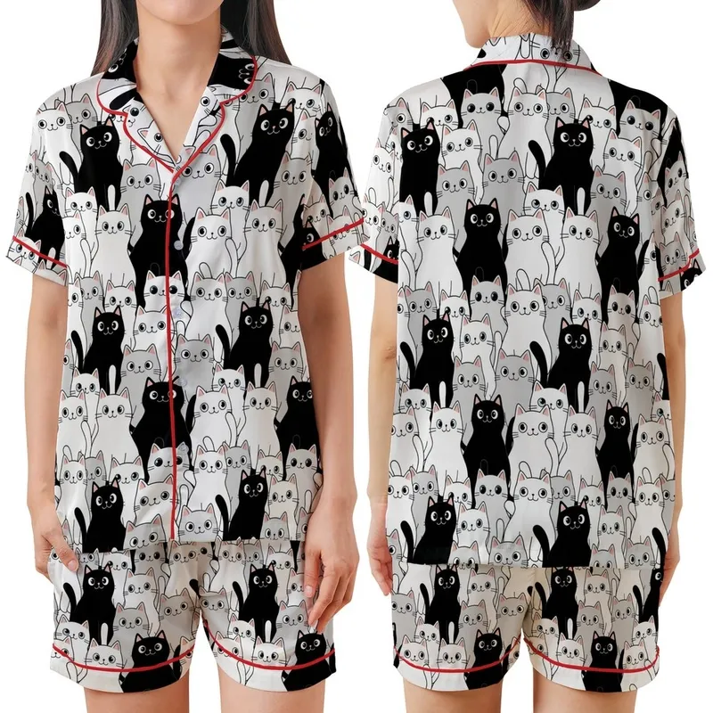 Cat Lovers' Whimsical Black White Grey Cartoon Cats Seamless Playful Pattern Satin Short-Sleeve Pajamas Set - 1