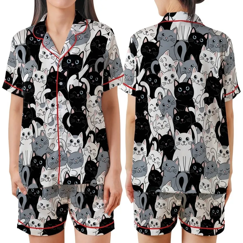 Feline Enthusiasts' Interlocking Black White Gray Cartoon Cat Faces Paws Tails Pattern Pink Accents Satin Short-Sleeve Pajamas Set - 1