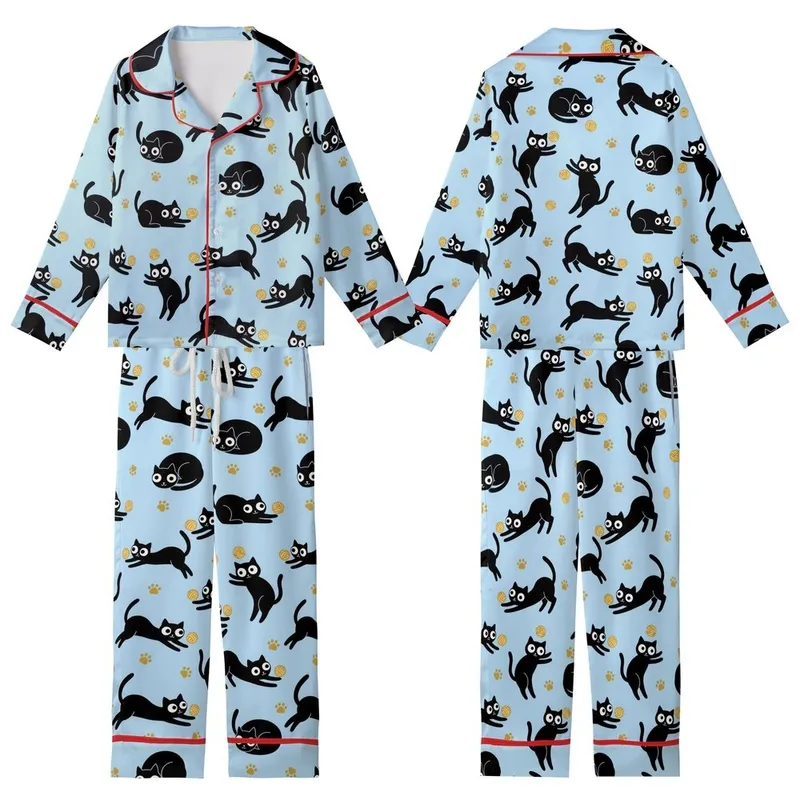 Cat Lovers' Whimsical Black Cartoon Cats Golden Yarn Paw Prints Light Sky Blue Pattern Kid Satin Pajamas Set - 1