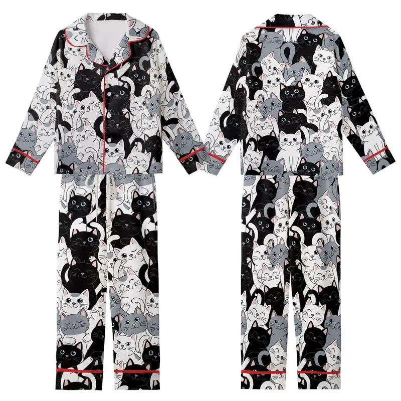 Feline Enthusiasts' Interlocking Black White Gray Cartoon Cat Faces Paws Tails Pattern Pink Accents Kid Satin Pajamas Set - 1