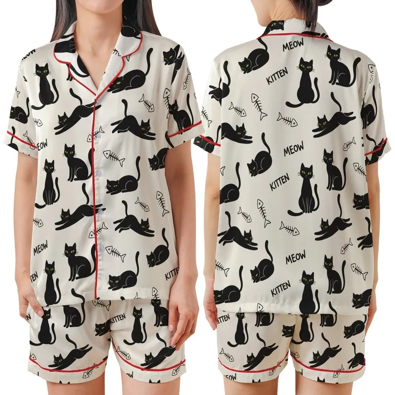 Cat Lovers' Whimsical Black Cat Olive Eye Fishbone MEOW KITTEN Creamy Off-White Pattern Satin Short-Sleeve Pajamas Set - 1