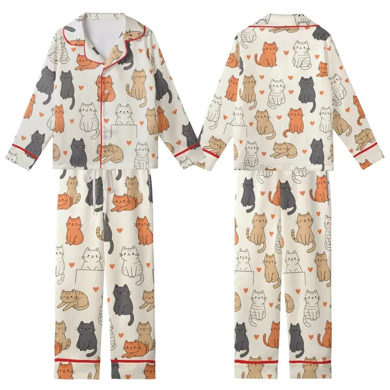 Cat Lovers' Cute Kawaii Cartoon Cats Playful Poses Seamless Pattern Light Cream Orange Coral Hearts Flat Art Style Kid Satin Pajamas Set - 1