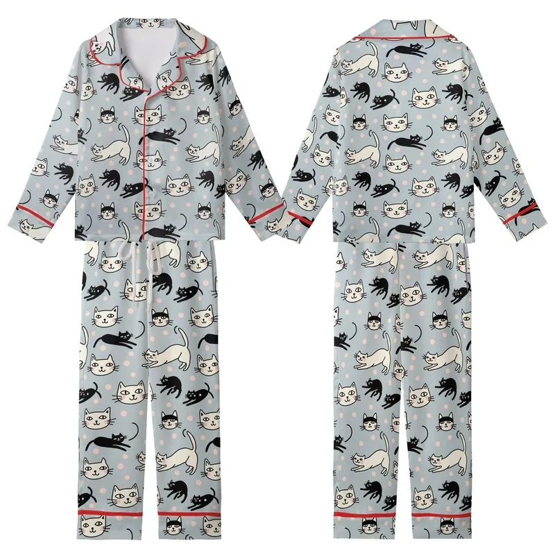 Cat Lovers' Minimalist Abstract Cat Faces Black Line Art Light Blue-Grey Pink Dot Pattern Kid Satin Pajamas Set - 1