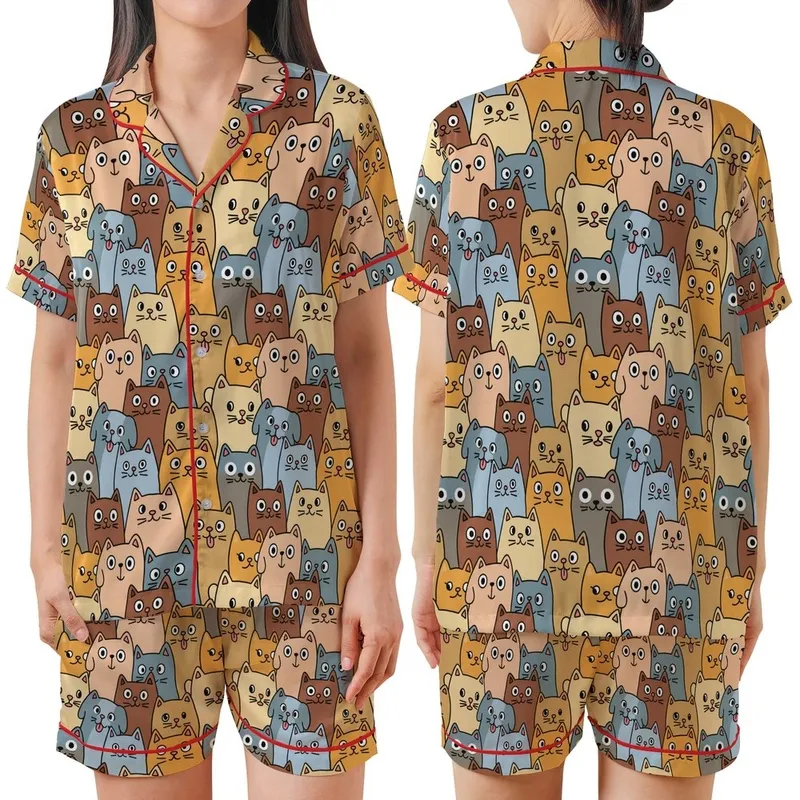 Pet Lovers' Whimsical Hand-Drawn Cartoon Cats & Dogs All-Over Pattern with Golden Orange, Pastel Blue & Earth Tones Satin Short-Sleeve Pajamas Set - 1