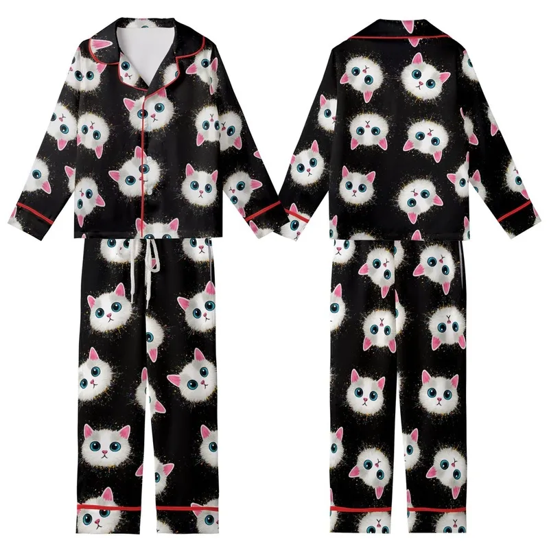 Cat Lovers' Illustrative Grunge Curious Cat Faces Blue Eyed Scattered Pattern Colorful Paint Splatters Black Kid Satin Pajamas Set - 1